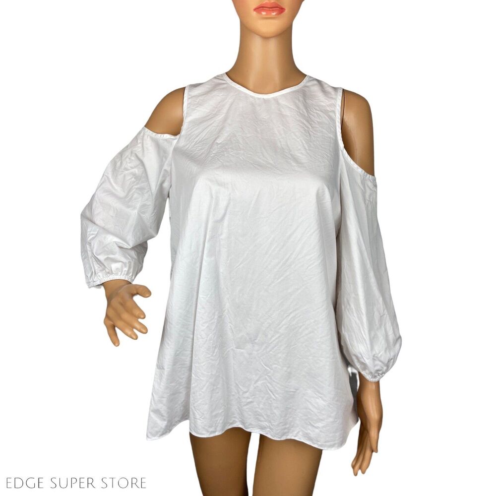Tibi White Cold Off Open Shoulder Long Puff Sleeve Crew Neck Blouse Top Size 6